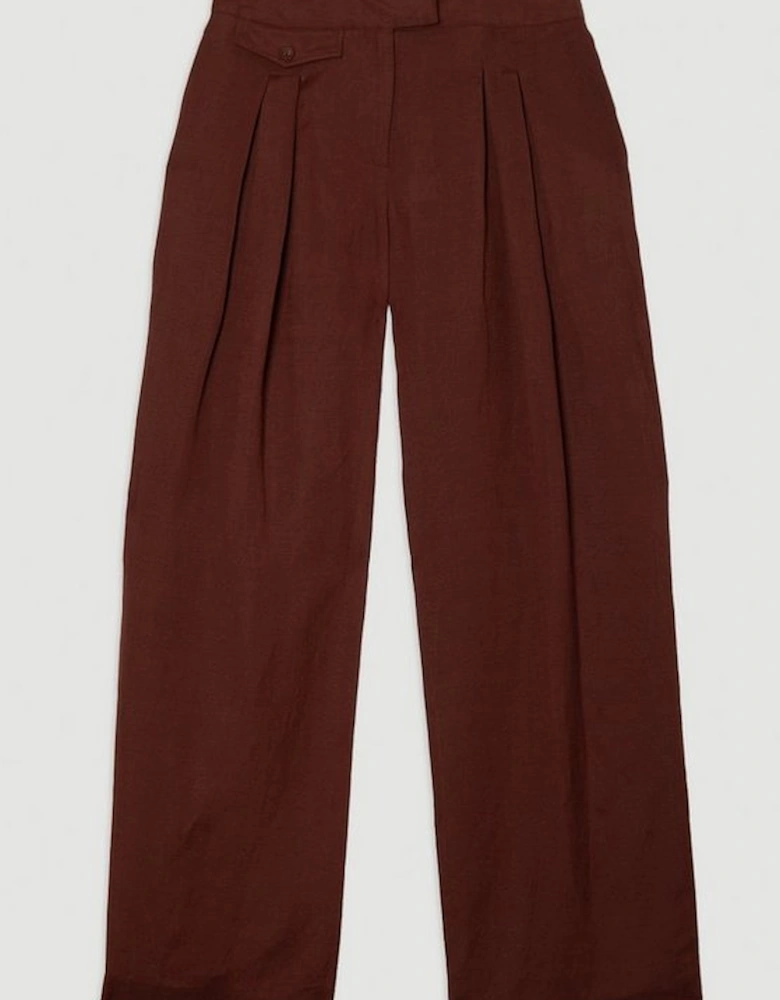 Viscose Linen Pleat And Pocket Detail Woven Straight Leg Trouser