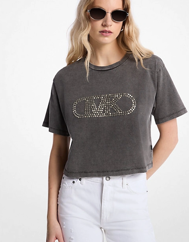 Studded Garment-Dyed Cotton Cropped T-Shirt