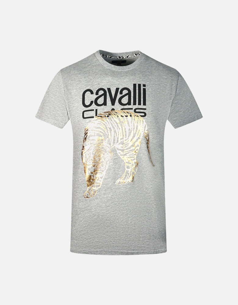 Cavalli Class Large Gold Tiger Stencil Logo Grey T-Shirt