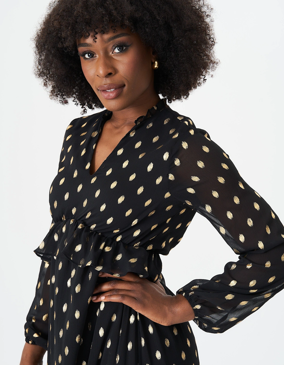 Black Foil Print Ruffle Midi Dress