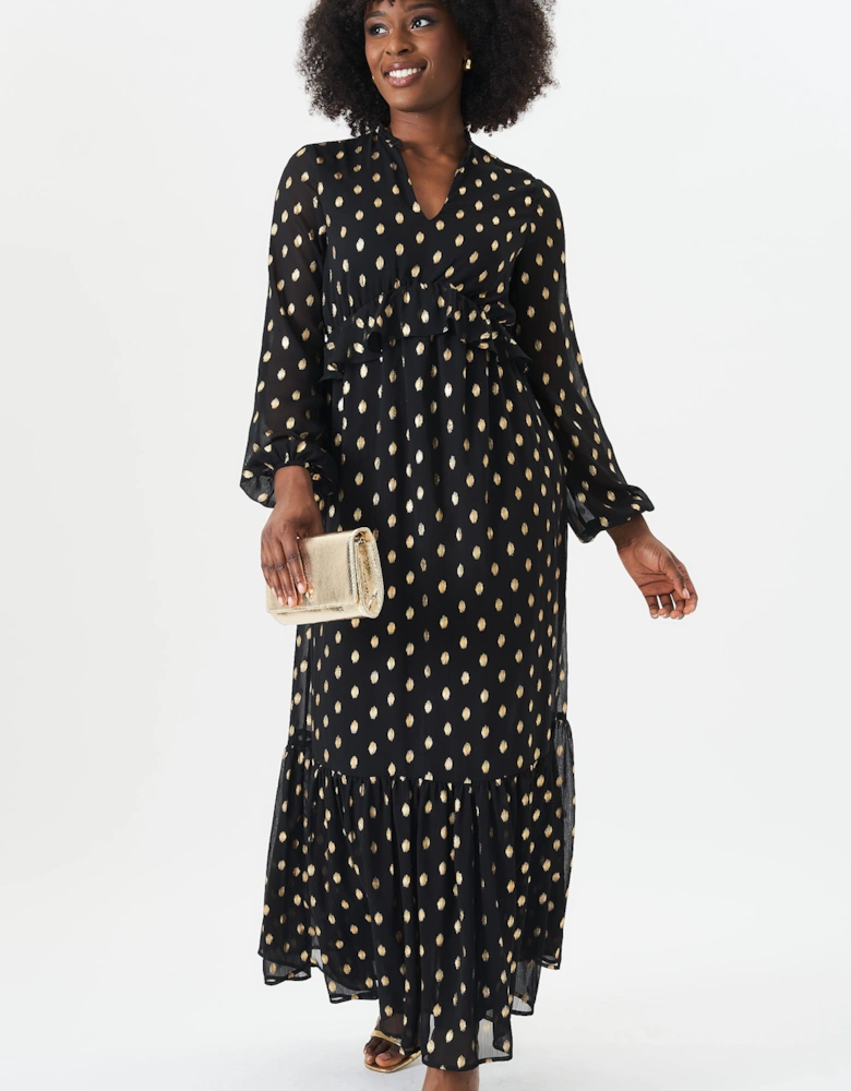 Black Foil Print Ruffle Midi Dress