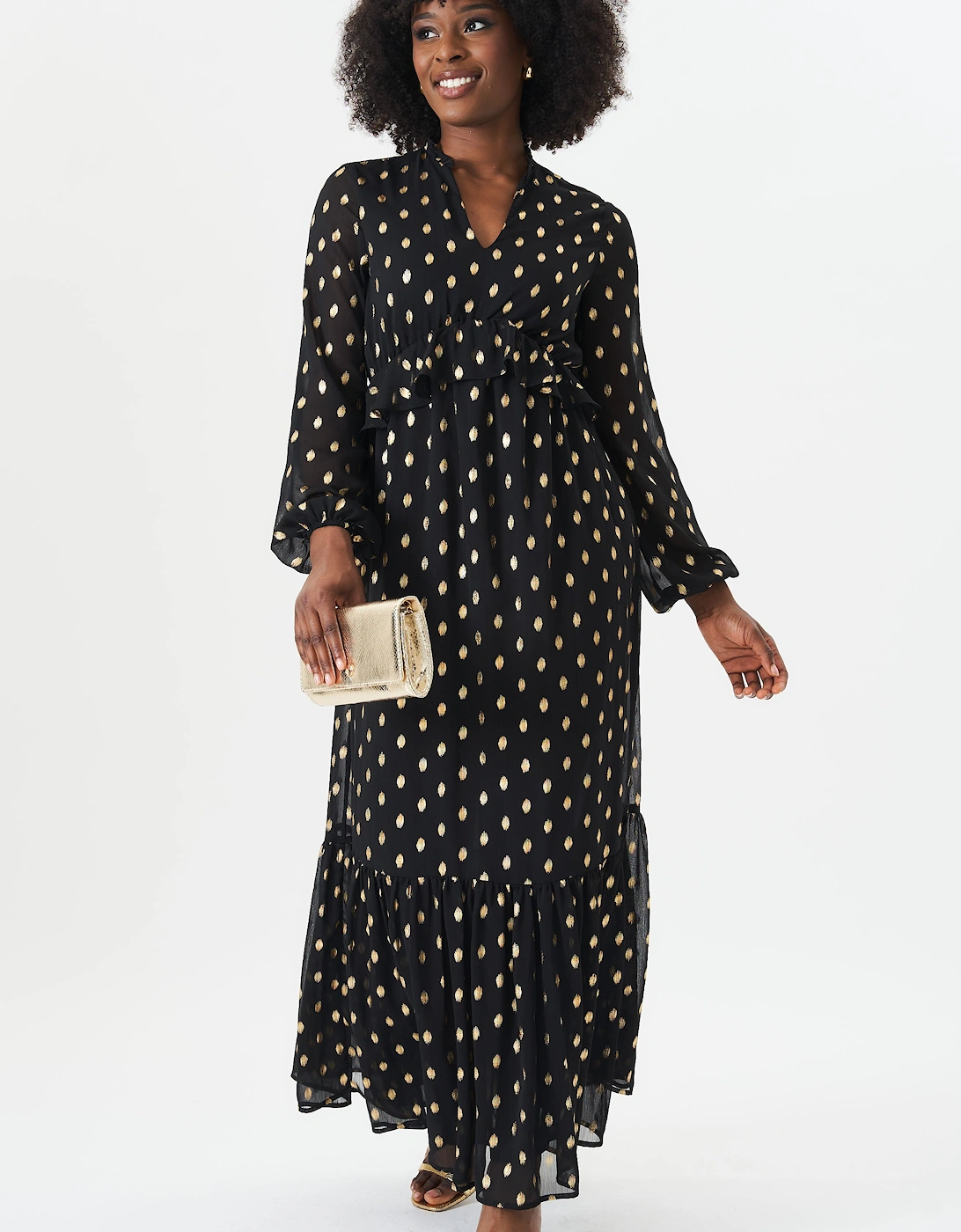 Black Foil Print Ruffle Midi Dress, 5 of 4