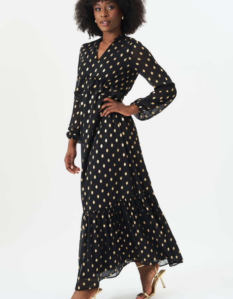 Black Foil Print Ruffle Midi Dress