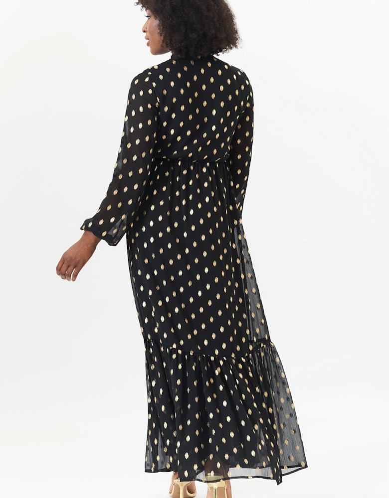 Black Foil Print Ruffle Midi Dress