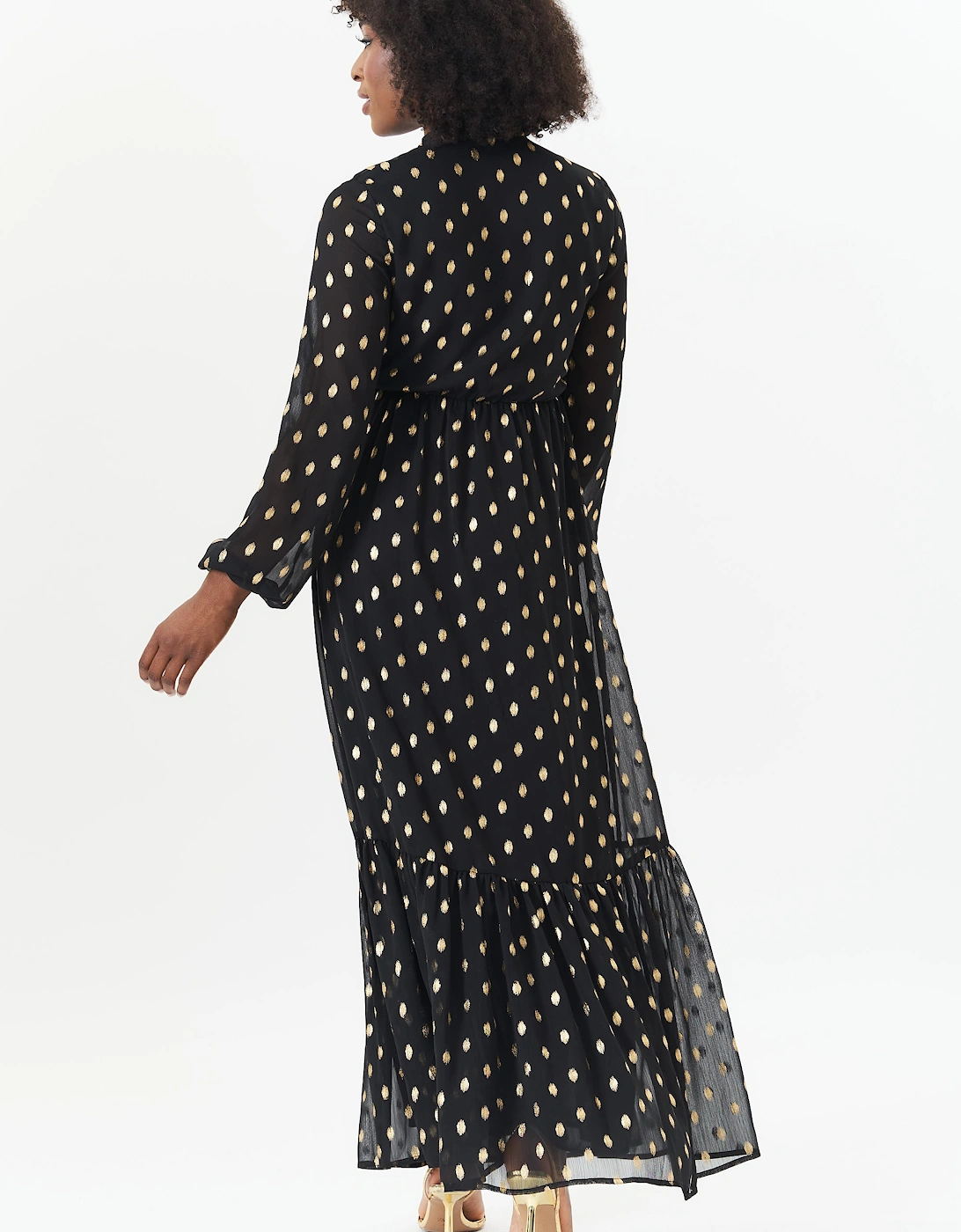 Black Foil Print Ruffle Midi Dress