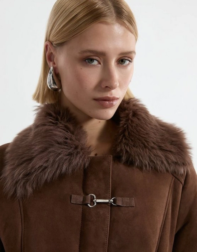 Shearling And Suede Mix Trim Detail Coat