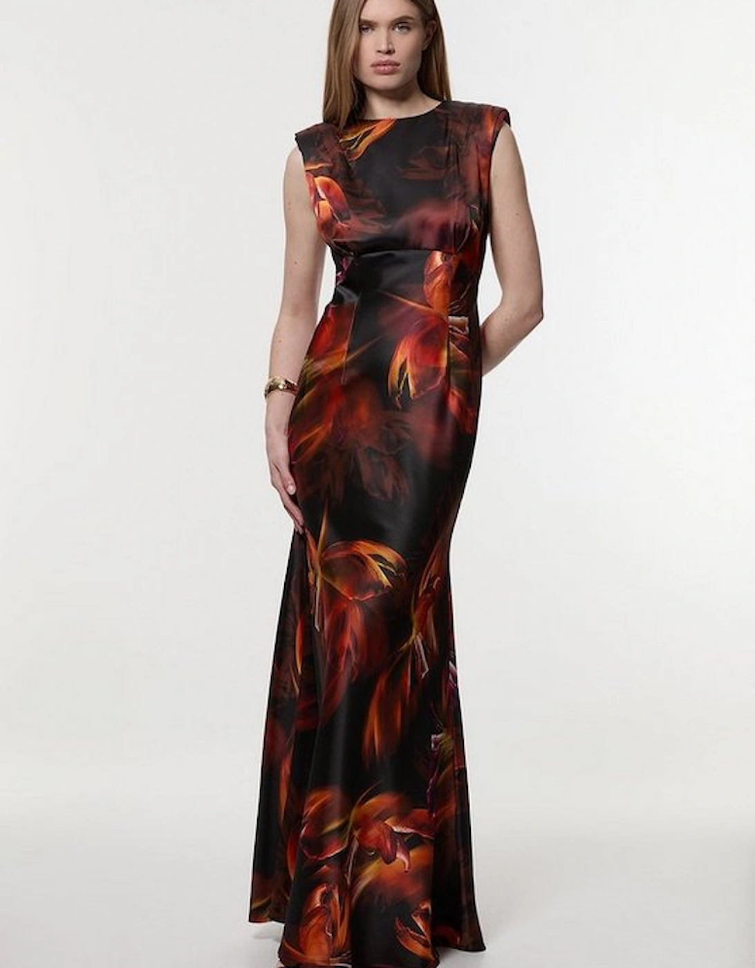 Satin Strong Shoulder Woven Maxi Dress