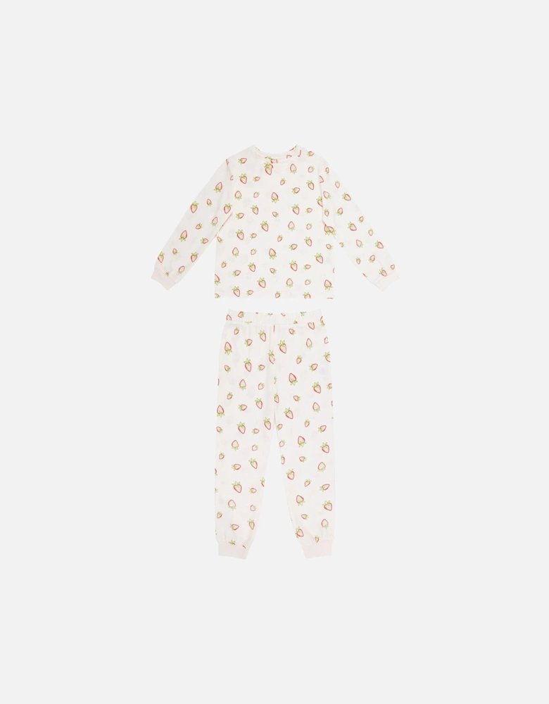 Girls Ditsy Strawberry Long Sleeve Pyjamas - Off White