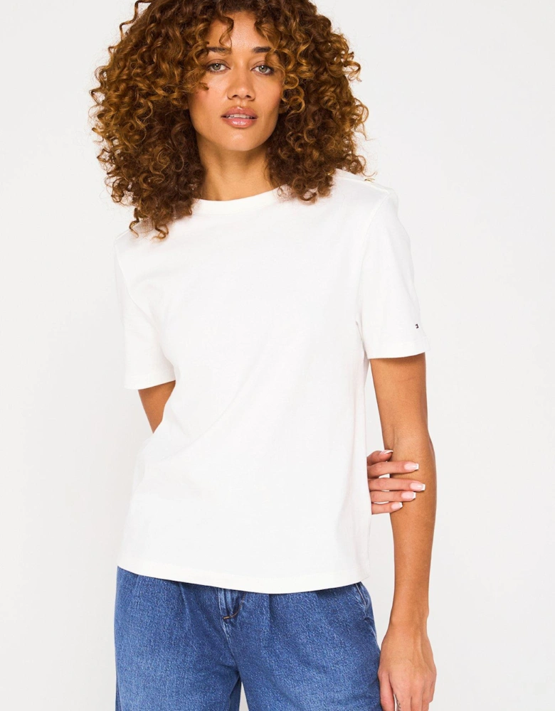 Gold Button Detailed T-Shirt - White