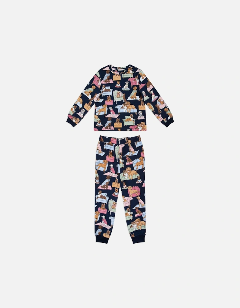 Girls Lounging Dogs Long Sleeve Pyjamas - Navy