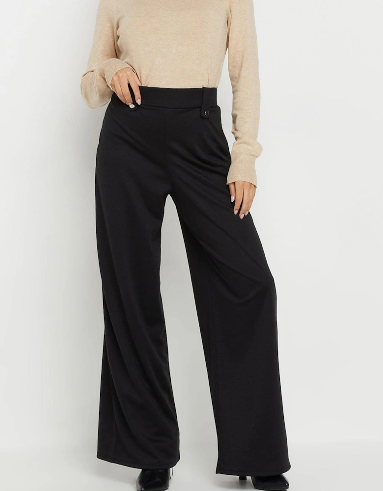 Petite Button Tab Ponte Wide Leg Trousers - Black