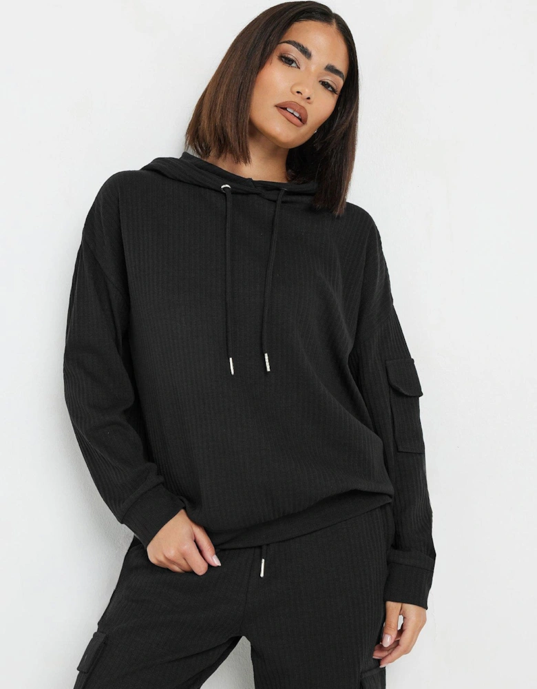 Petite Cargo Ribbed Hoodie - Black