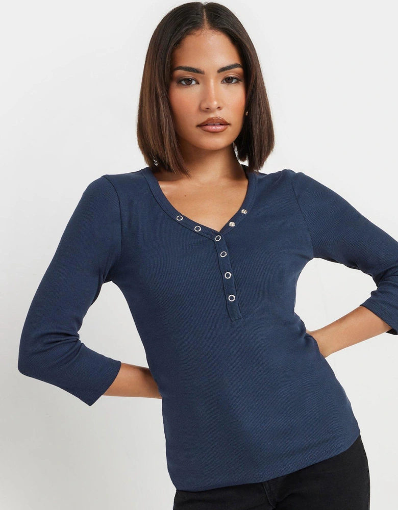 Petite Long Sleeve Henley Top - Blue