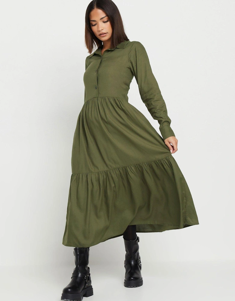 Petite Long Sleeve Smock Button Midi Dress