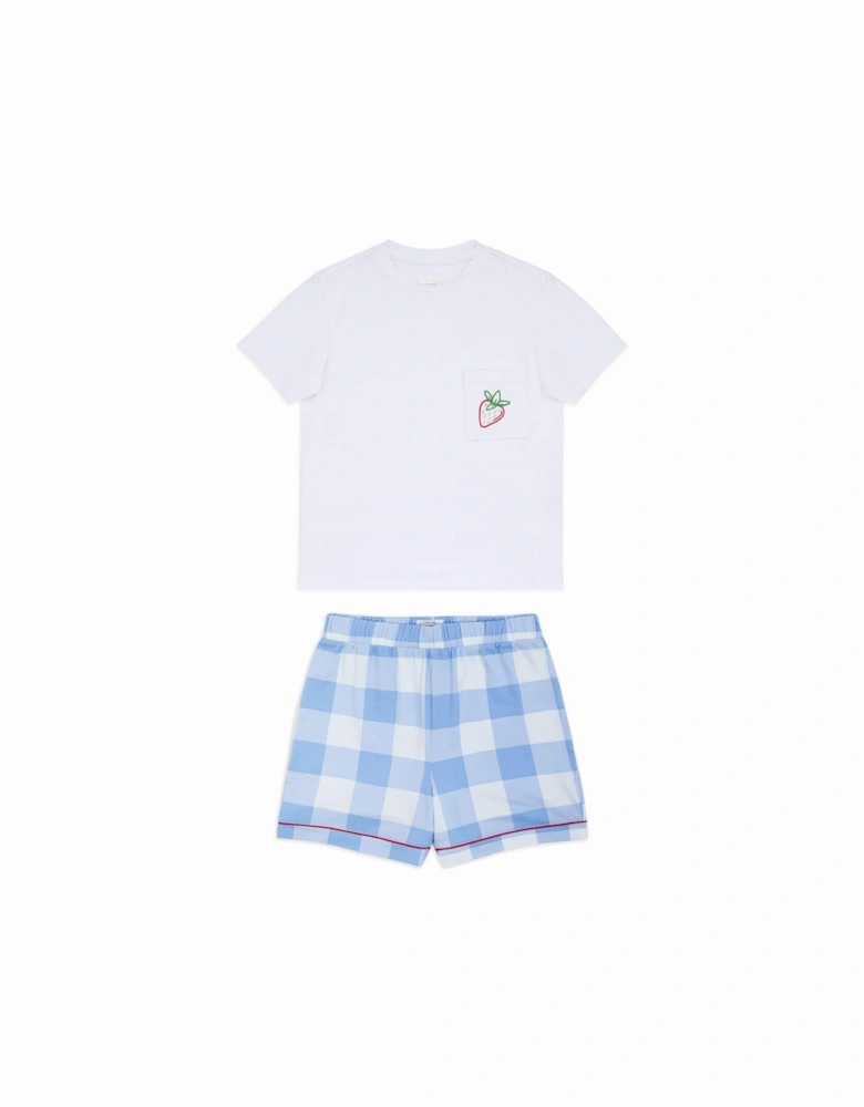 Girls Gingham Crew Neck T-shirt And Short Pyjama Set - Blue