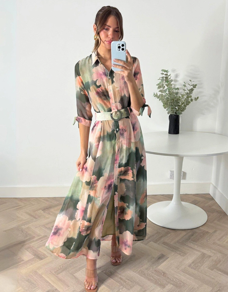 Floral Print Midi Shirt Dress - Green