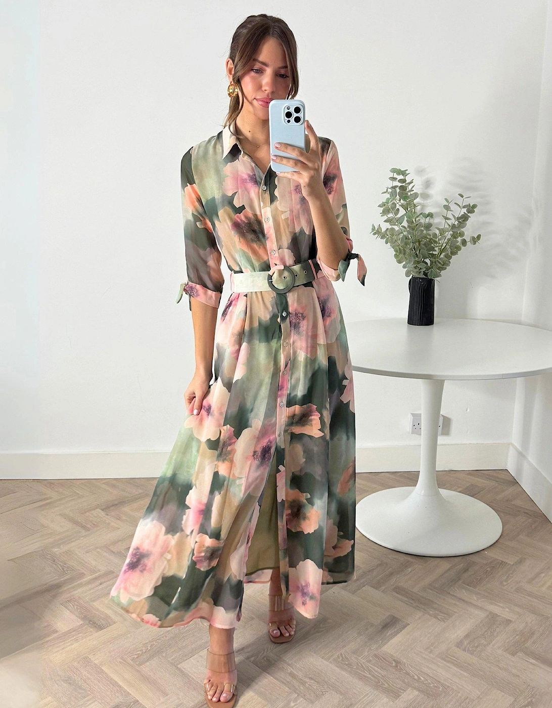 Floral Print Midi Shirt Dress - Green, 2 of 1