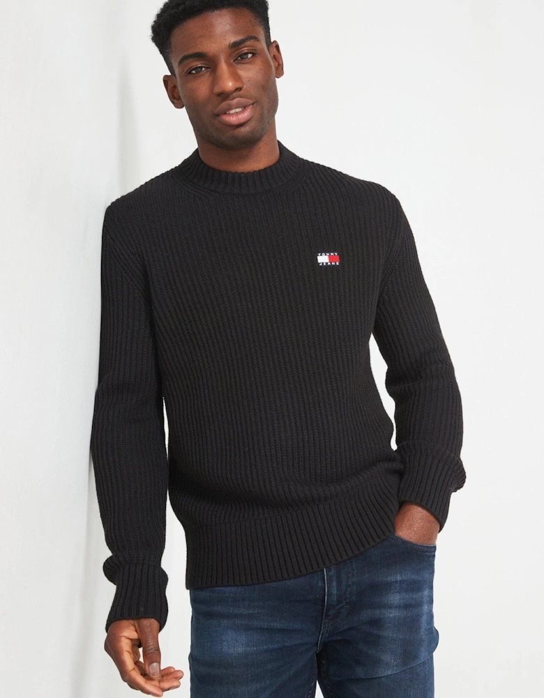 Regular Fit Badge Textured Crew Neck Knitted Jumper - Black