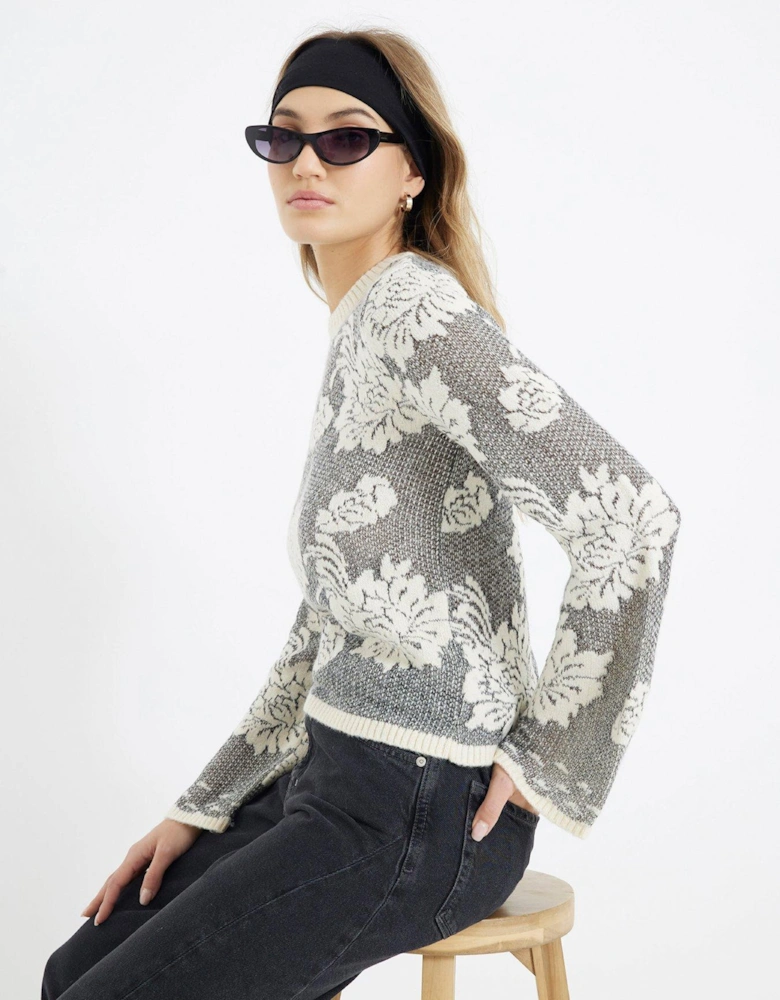 Knitted Large Floral Crew Neck Jumper - Black