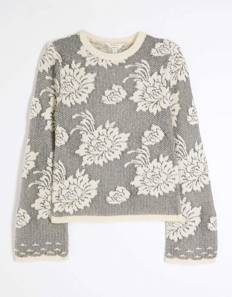 Knitted Large Floral Crew Neck Jumper - Black