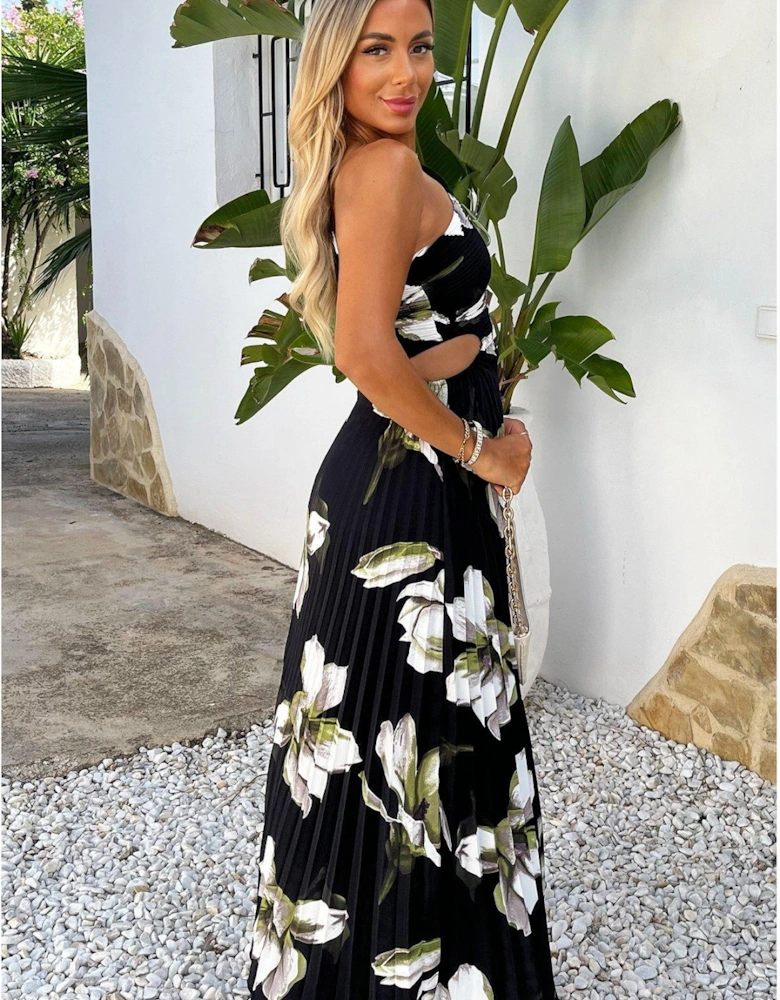 One Shoulder Cut Out Pleated Midi Dress - Black Floral