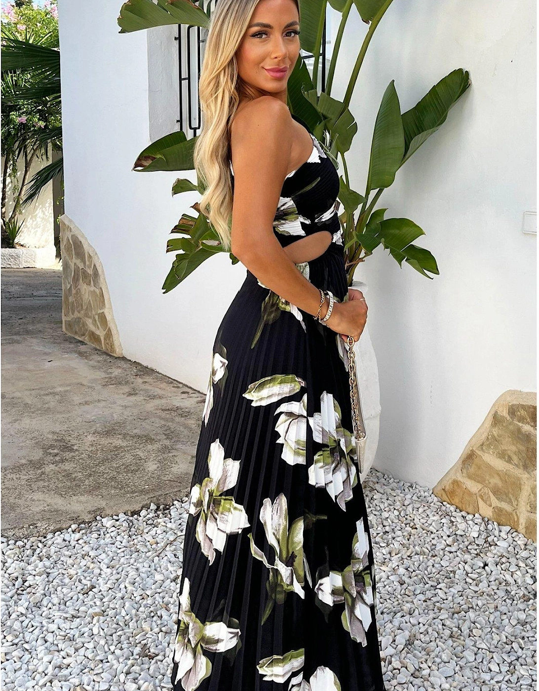 One Shoulder Cut Out Pleated Midi Dress - Black Floral