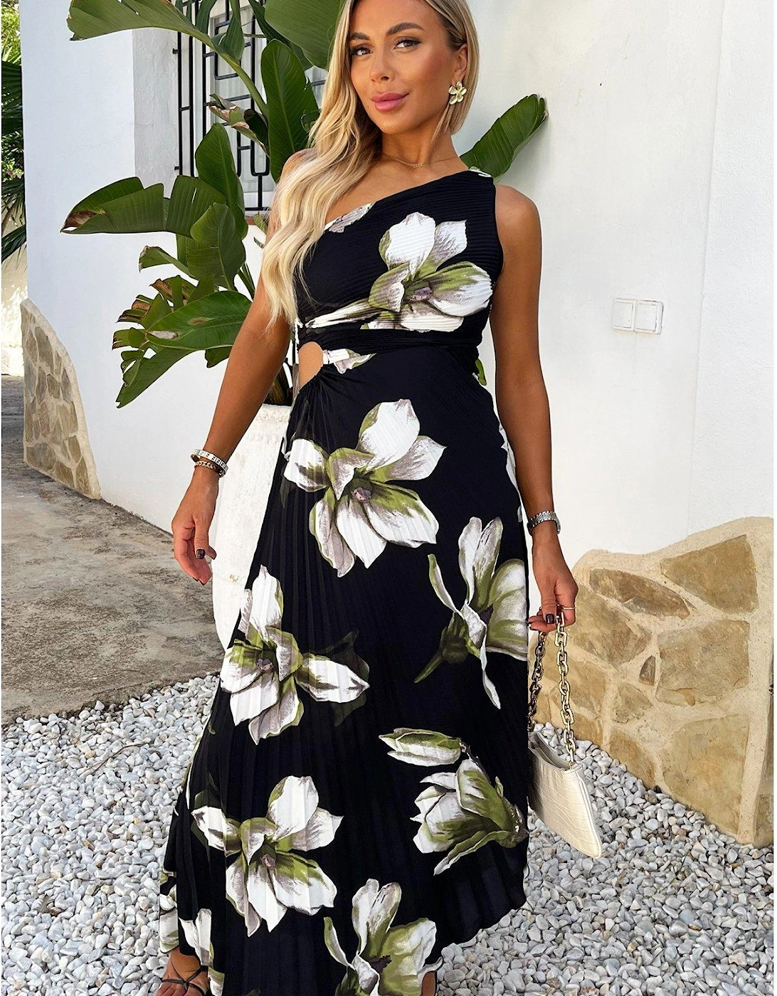 One Shoulder Cut Out Pleated Midi Dress - Black Floral