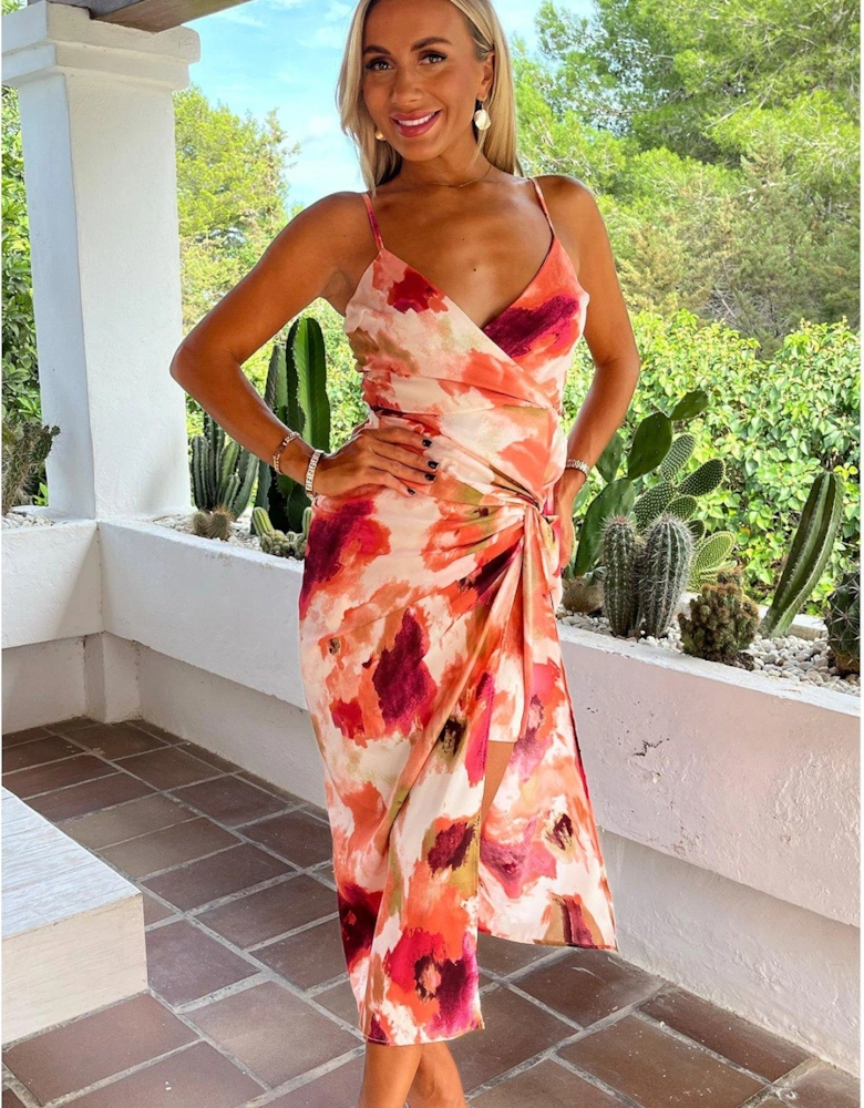 Smudge Print Strappy Wrap Top Knot Skirt Midi Dress - Peach