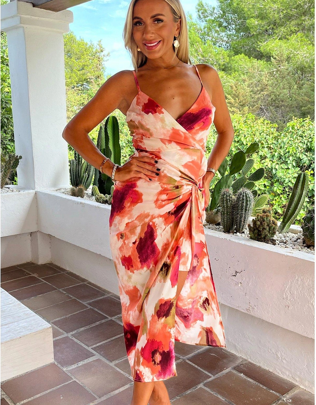 Smudge Print Strappy Wrap Top Knot Skirt Midi Dress - Peach