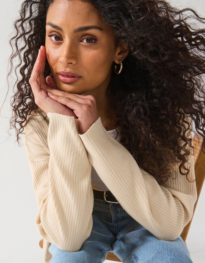 Longline Ribbed Edge To Edge Cardigan - Natural