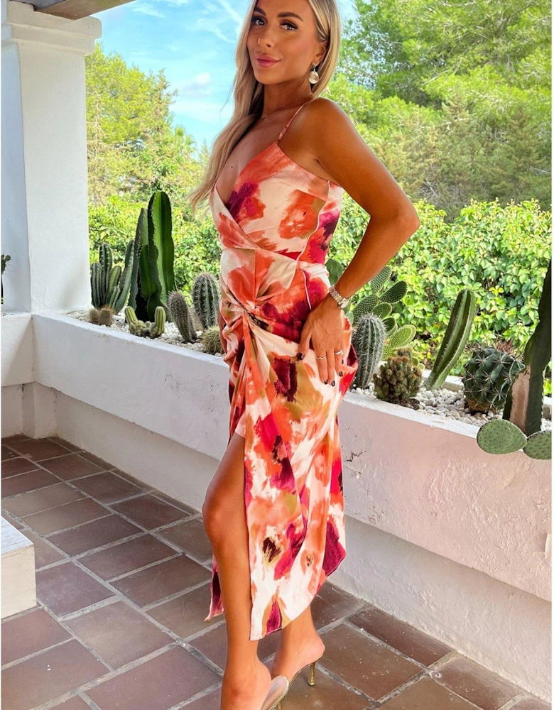 Smudge Print Strappy Wrap Top Knot Skirt Midi Dress - Peach