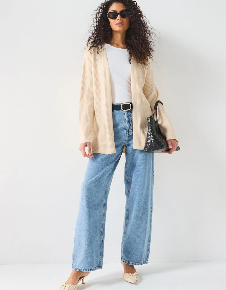 Longline Ribbed Edge To Edge Cardigan - Natural