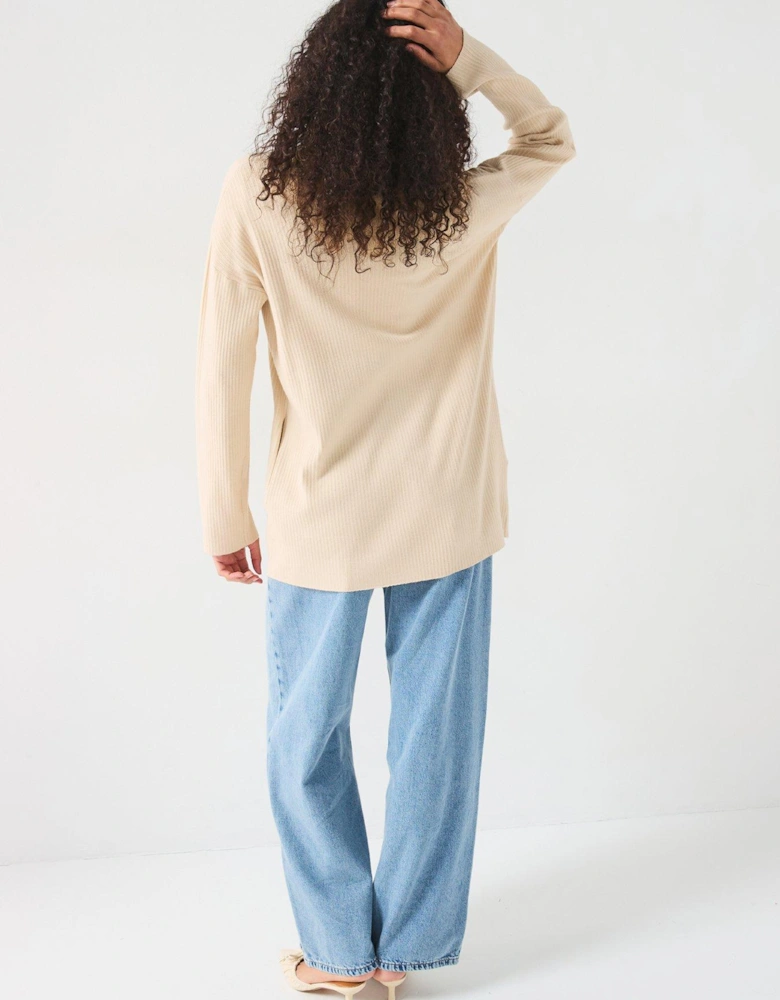 Longline Ribbed Edge To Edge Cardigan - Natural