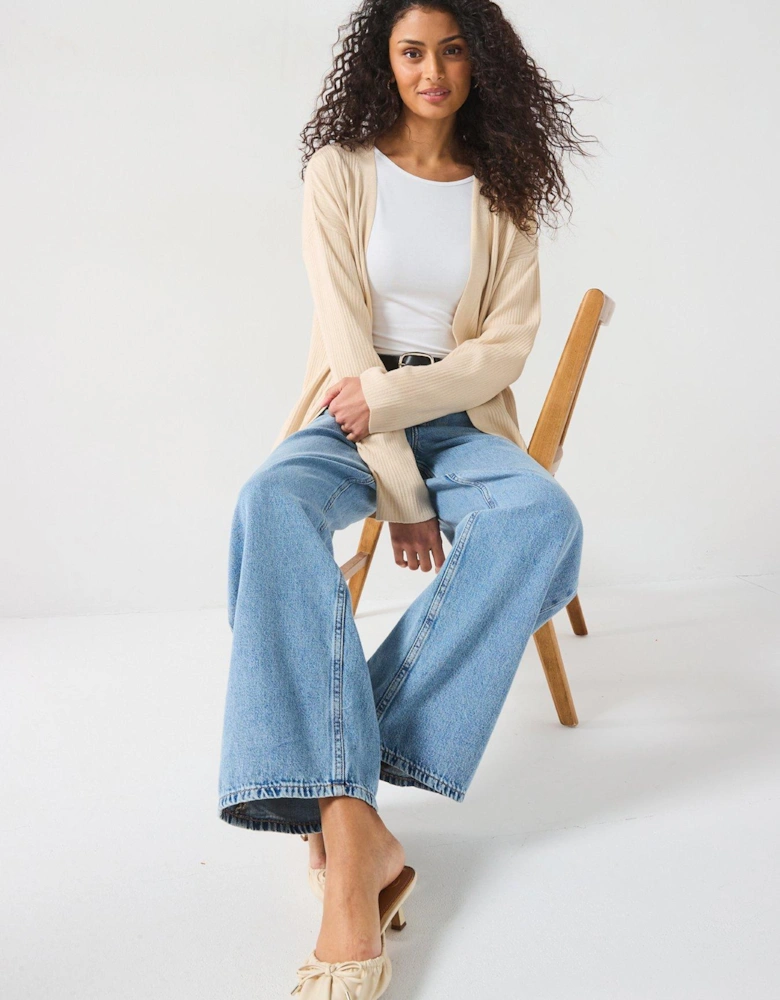 Longline Ribbed Edge To Edge Cardigan - Natural