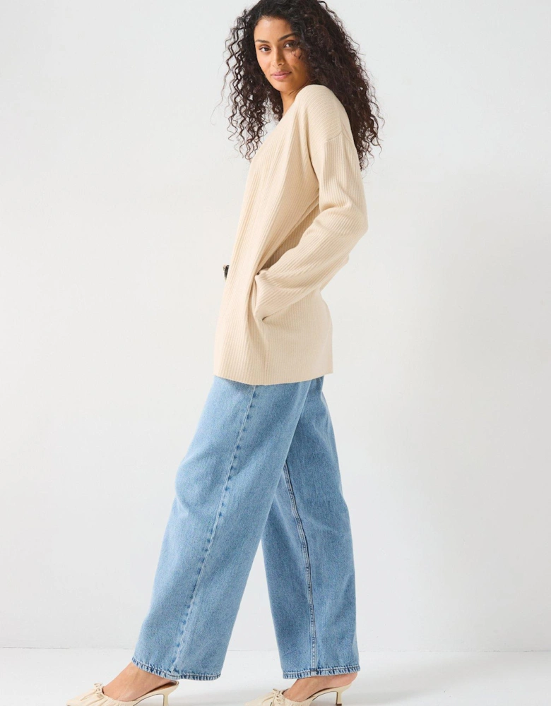 Longline Ribbed Edge To Edge Cardigan - Natural