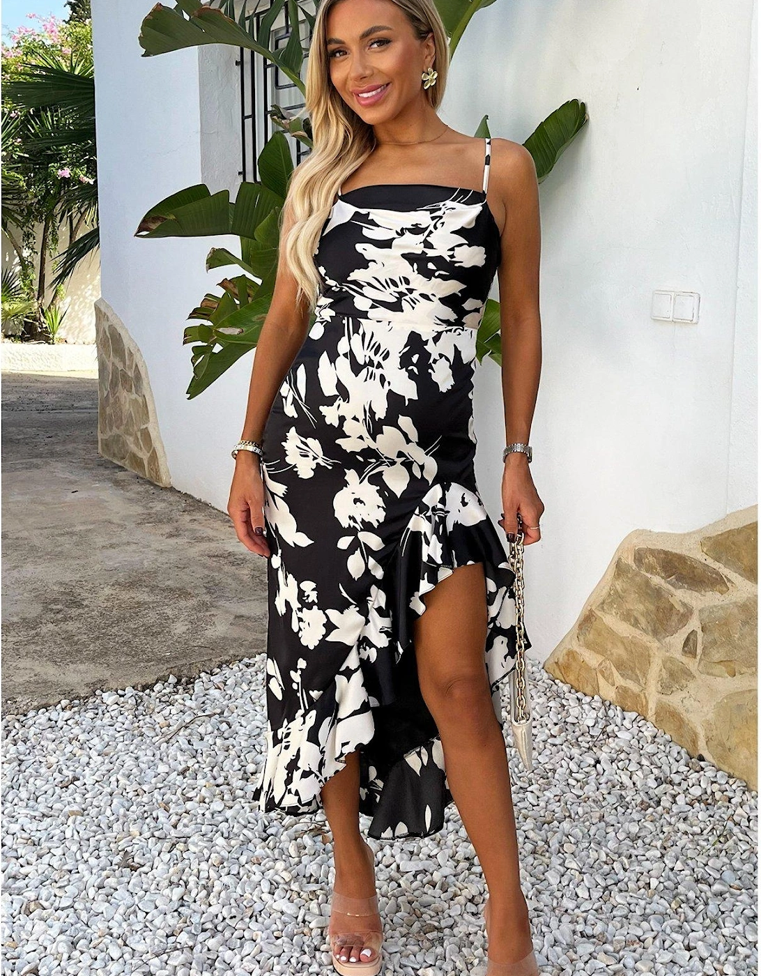 Floral Print Strappy High Low Frill Hem Midi Dress - Black/White