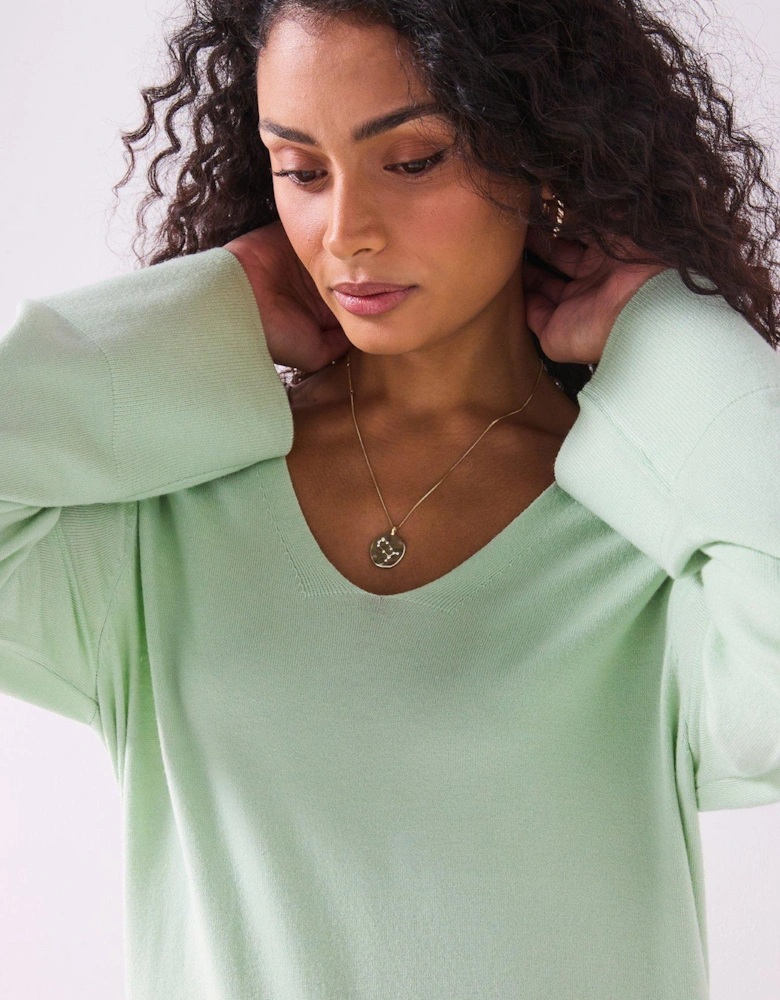 Longline Rib Detail V Neck Jumper - Light Green