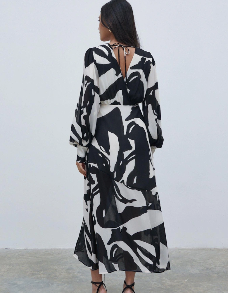 Printed Balloon Sleeve Dress - Black & White - Multi