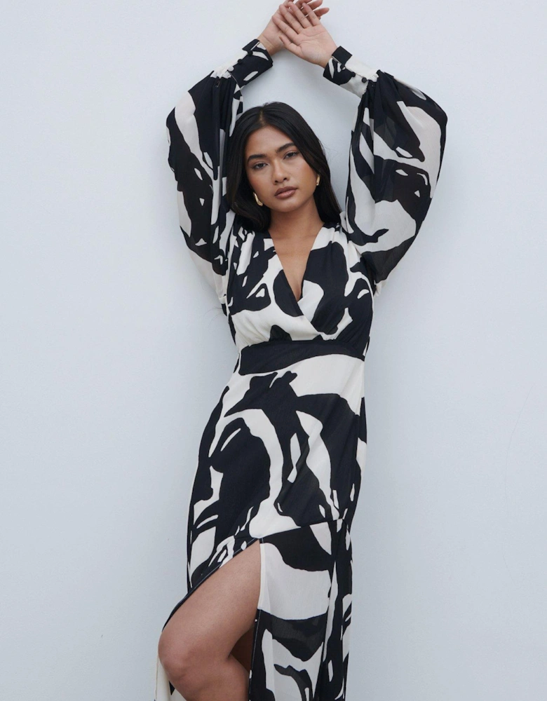 Printed Balloon Sleeve Dress - Black & White - Multi