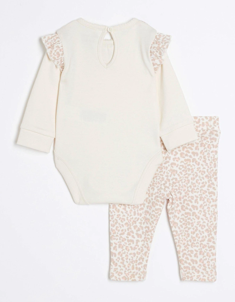 Baby Girls Leopard Bow Babygrow Set - Cream