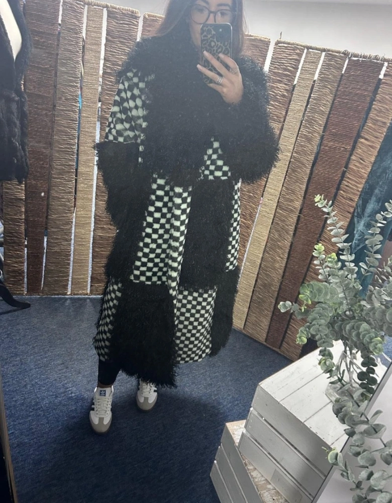 Faux Fur Bamboo Checked Maxi Coat