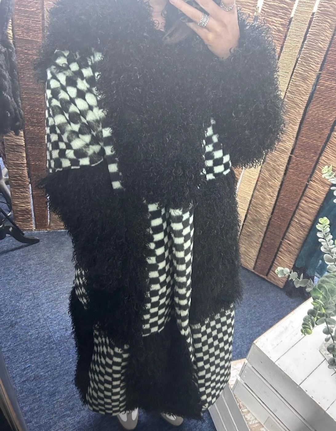 Faux Fur Bamboo Checked Maxi Coat