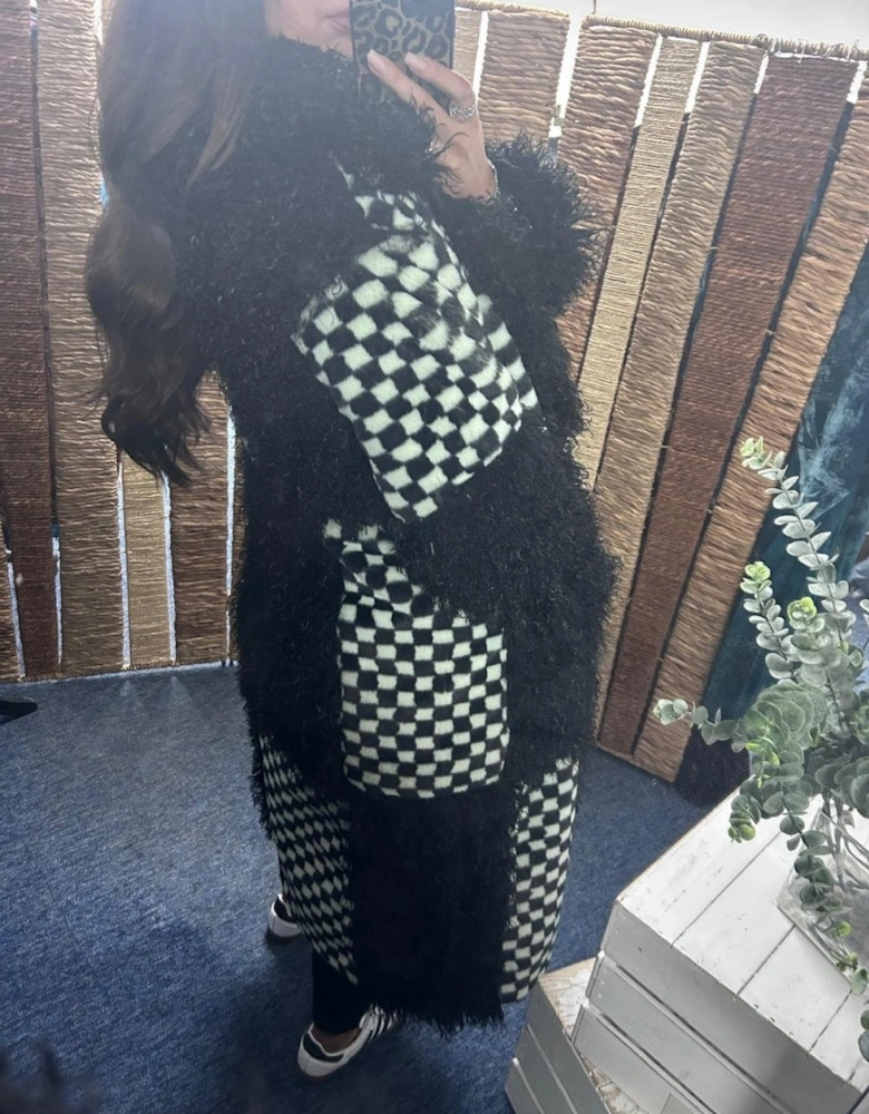 Faux Fur Bamboo Checked Maxi Coat