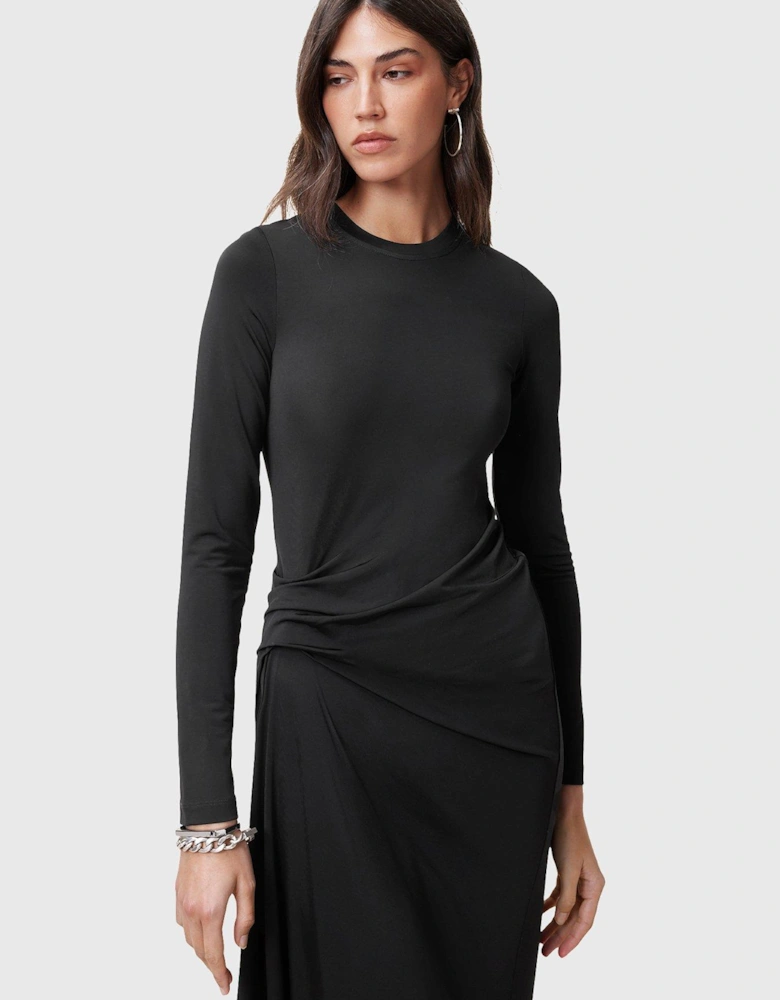 Rivi Draped Long Sleeve Midi Dress - Black