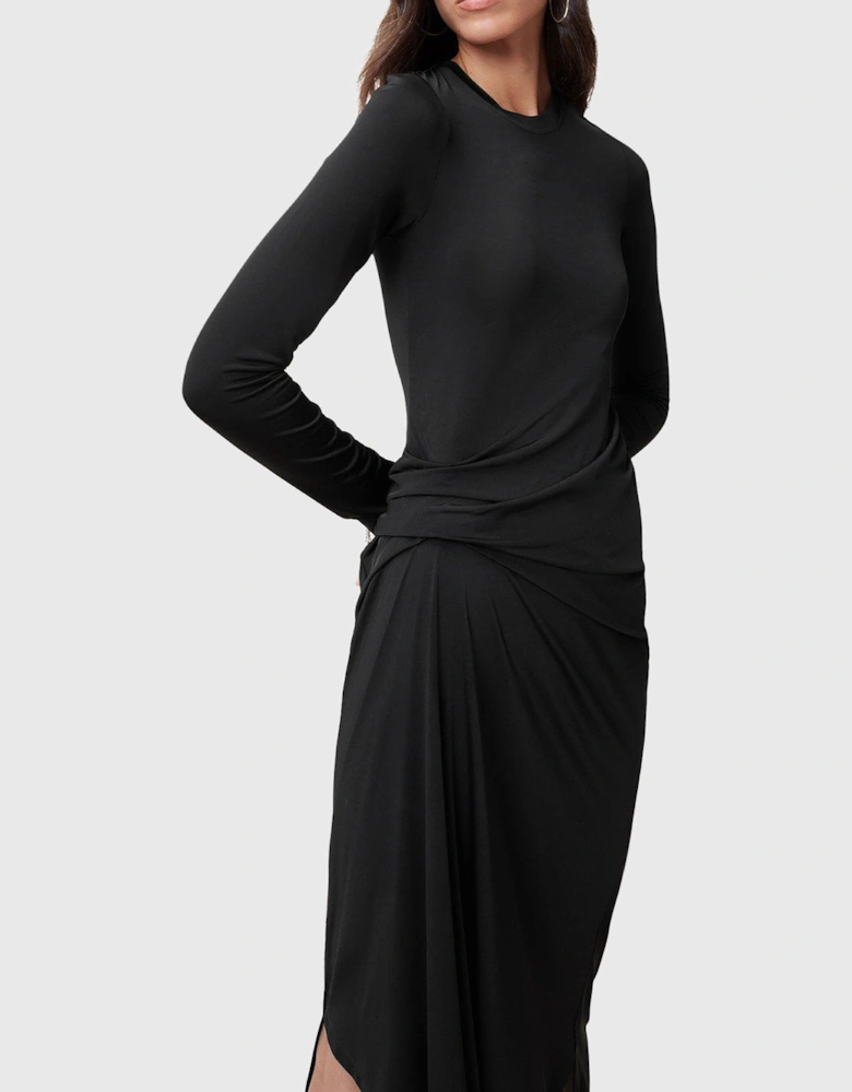 Rivi Draped Long Sleeve Midi Dress - Black