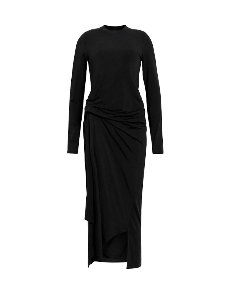 Rivi Draped Long Sleeve Midi Dress - Black