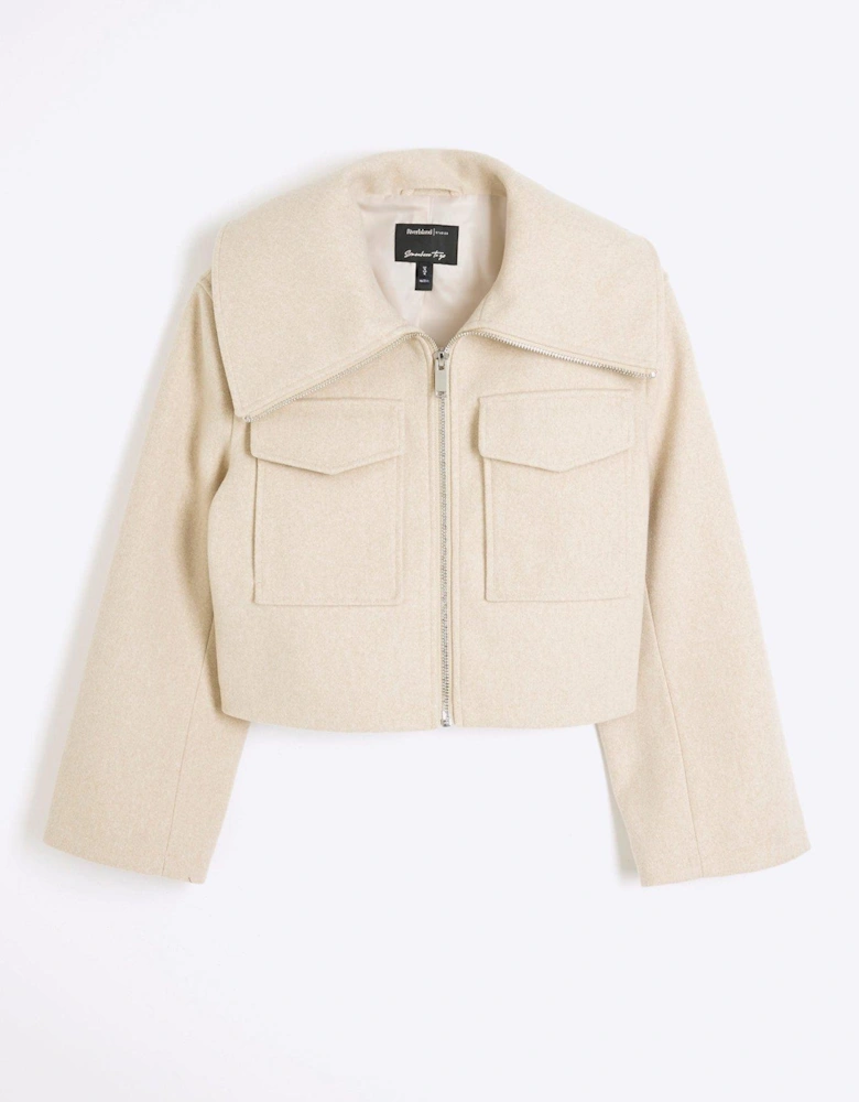 Wide Collar Crop Jacket - Beige