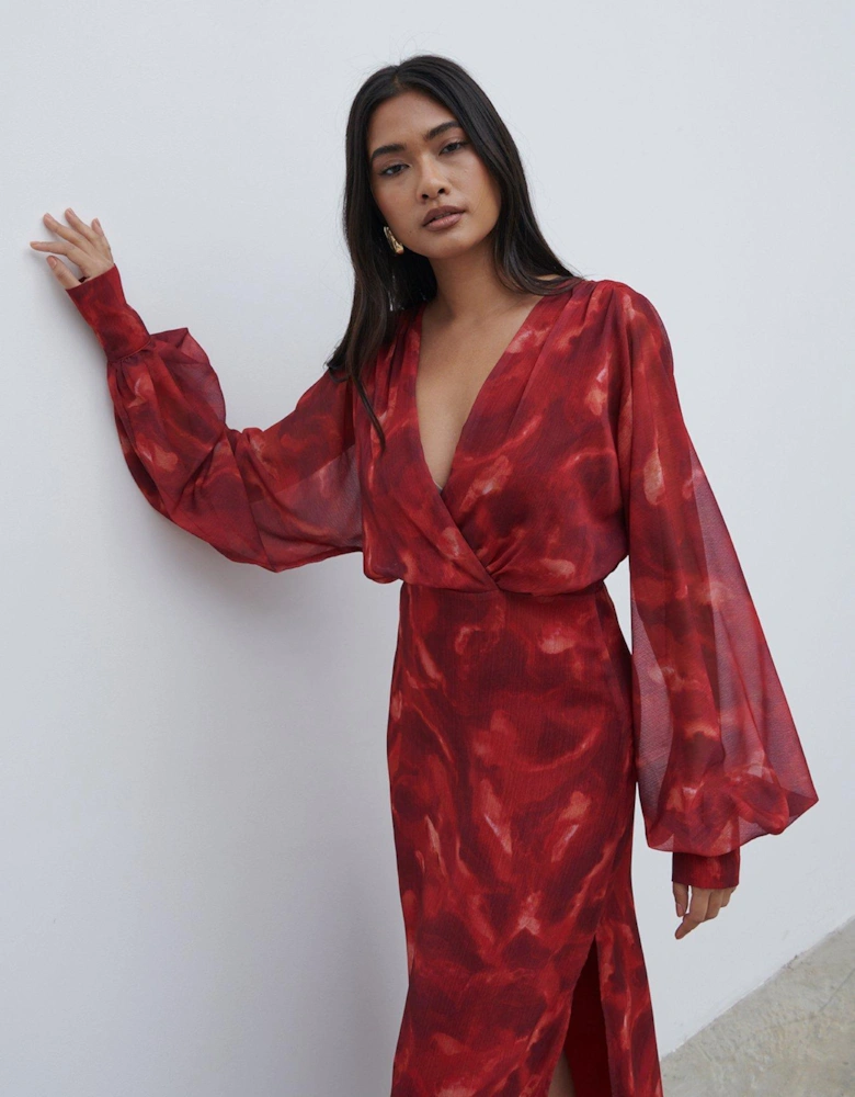 Floral Batwing Midaxi Dress - Dark Red