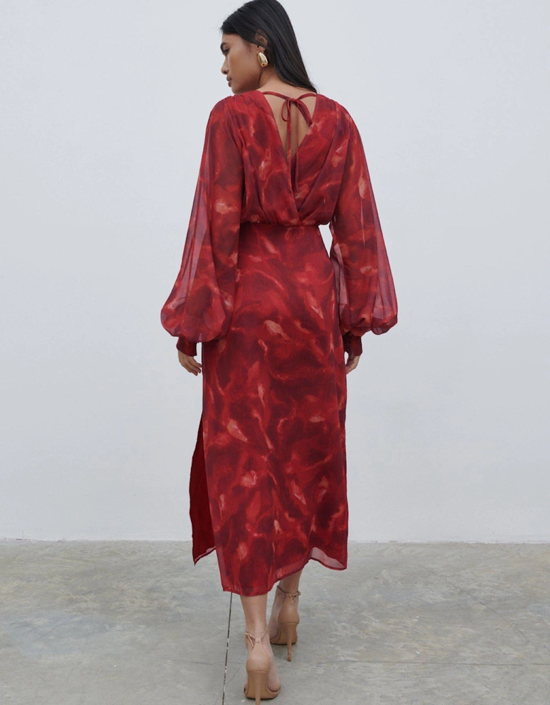 Floral Batwing Midaxi Dress - Dark Red