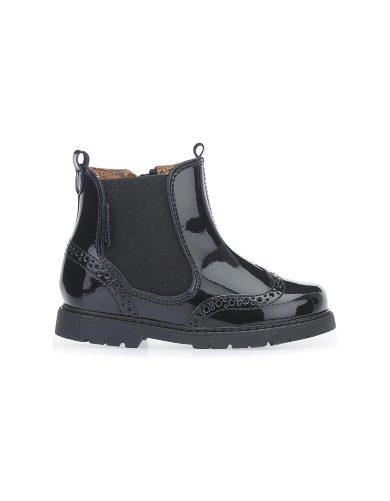 Girls Chelsea Patent Leather Pull On Zip Up Boots - Black